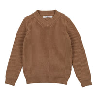 Coco Blanc Camel Boys V-Neck Ribbed Sweater