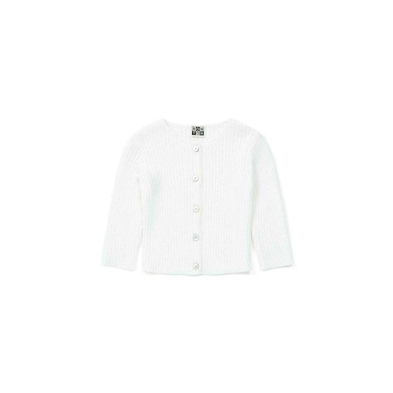 Bonton White Ribbed Knit Baby Cardigan