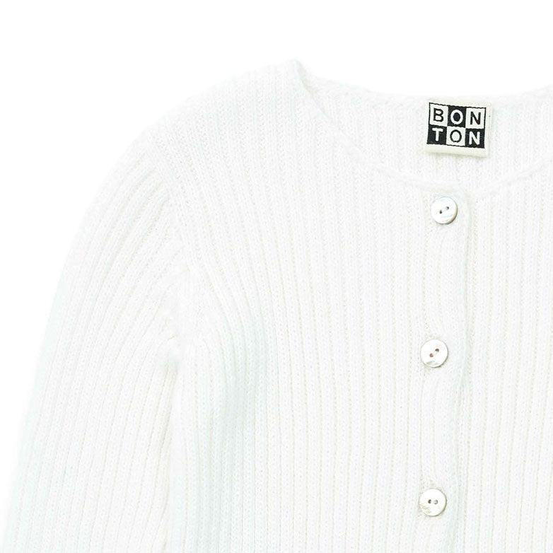 Bonton White Ribbed Knit Baby Cardigan