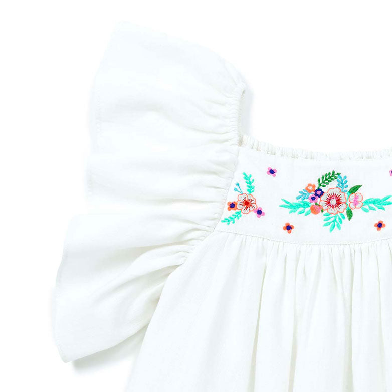 Bonton White Embroidered Flutter Sleeve Reve Dress