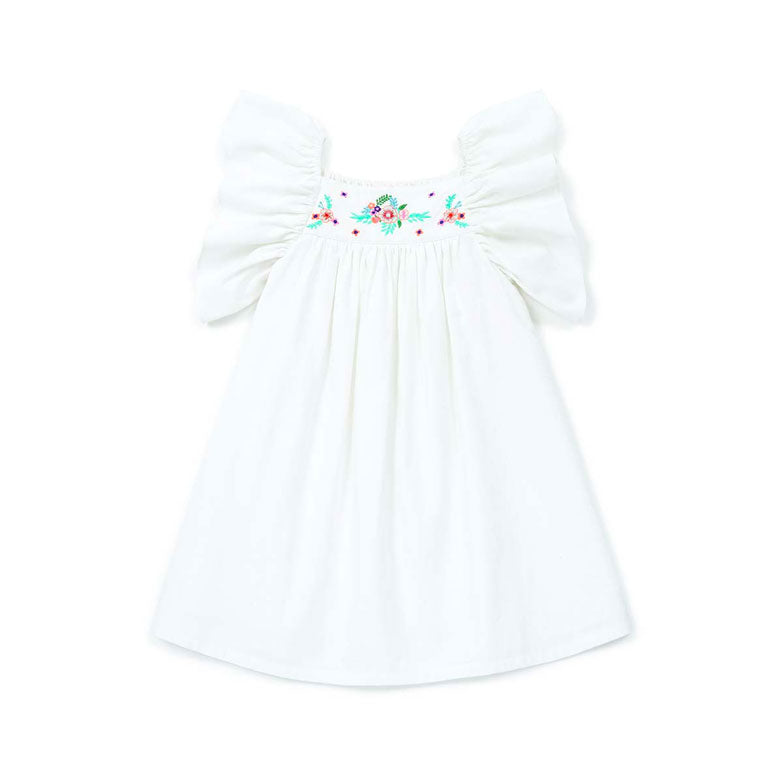 Bonton White Embroidered Flutter Sleeve Reve Dress