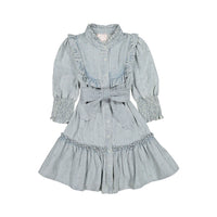 Steph Light Denim Embroidered Dot Elbow Sleeve Dress