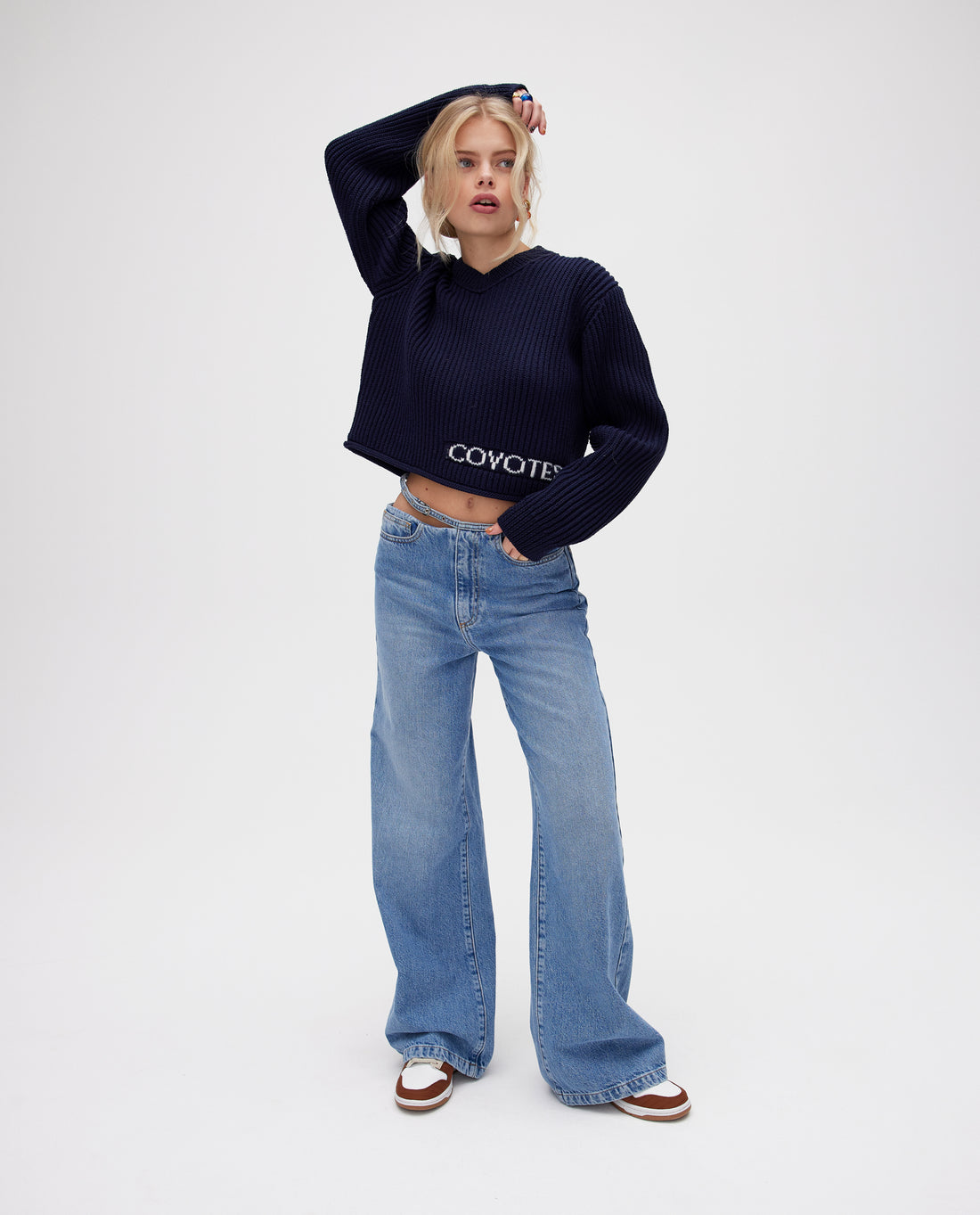 Les Coyotes de Paris Navy Kinga Cropped Sweater With Offcenter Logo