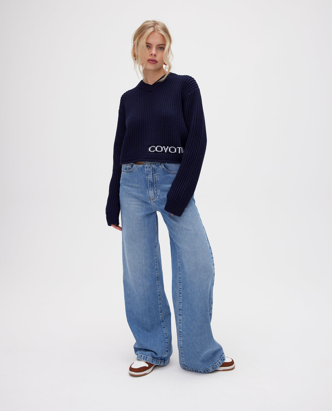 Les Coyotes de Paris Navy Kinga Cropped Sweater With Offcenter Logo
