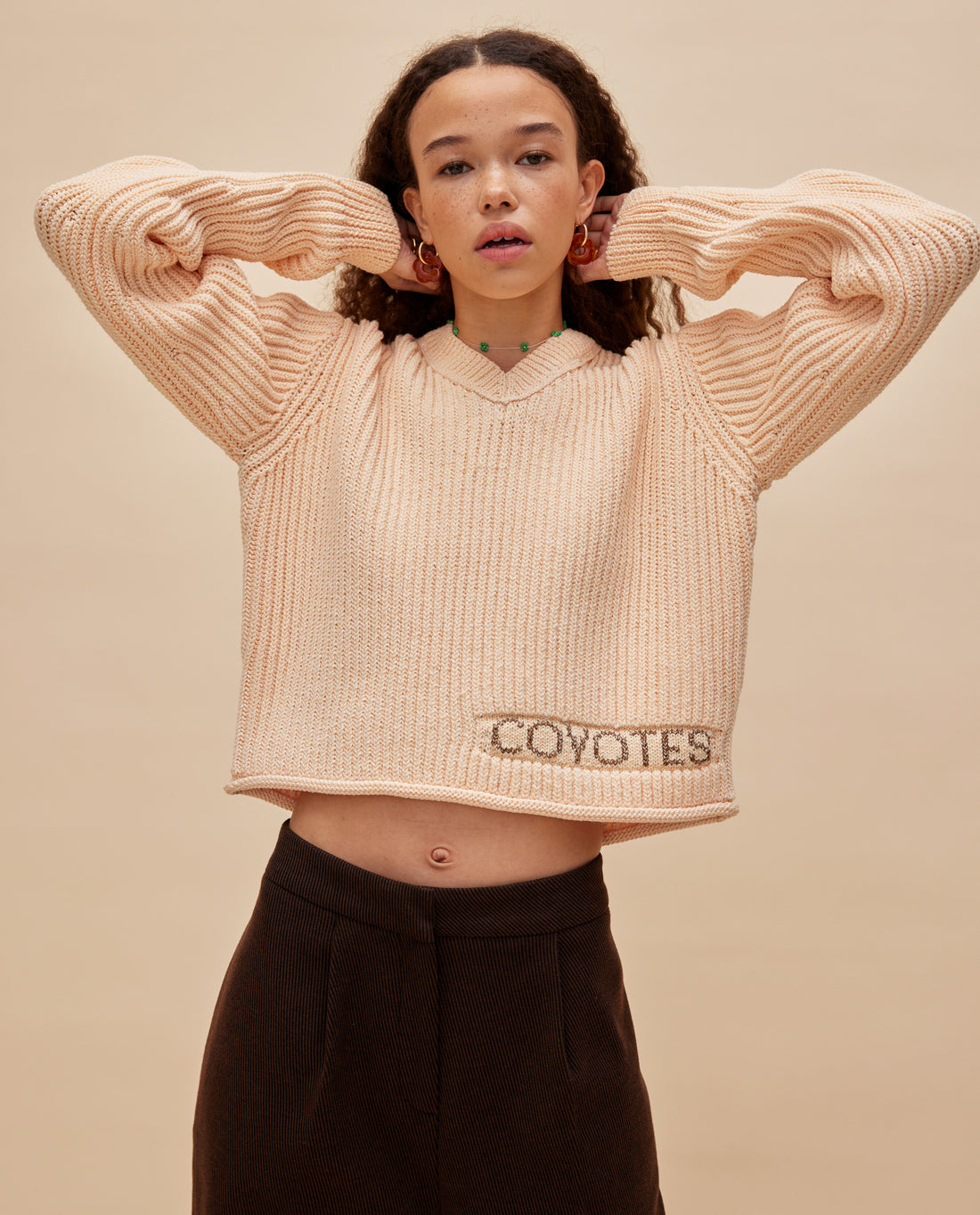 Les Coyotes de Paris Peach Kinga Cropped Sweater With Offcenter Logo