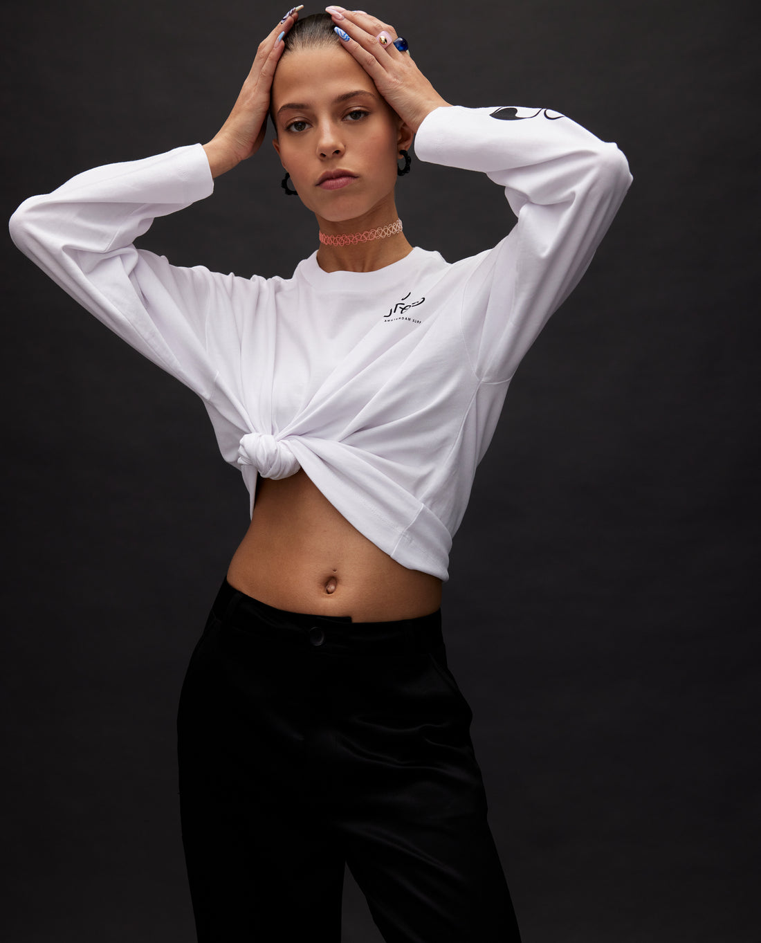 Les Coyotes de Paris White Lesley Tie Front Ls Croptop Tshirt
