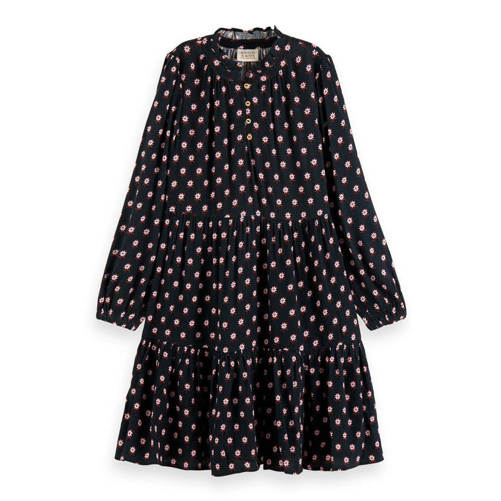 Scotch Shrunk Black Printed Long Sleeve Ruffled Dress