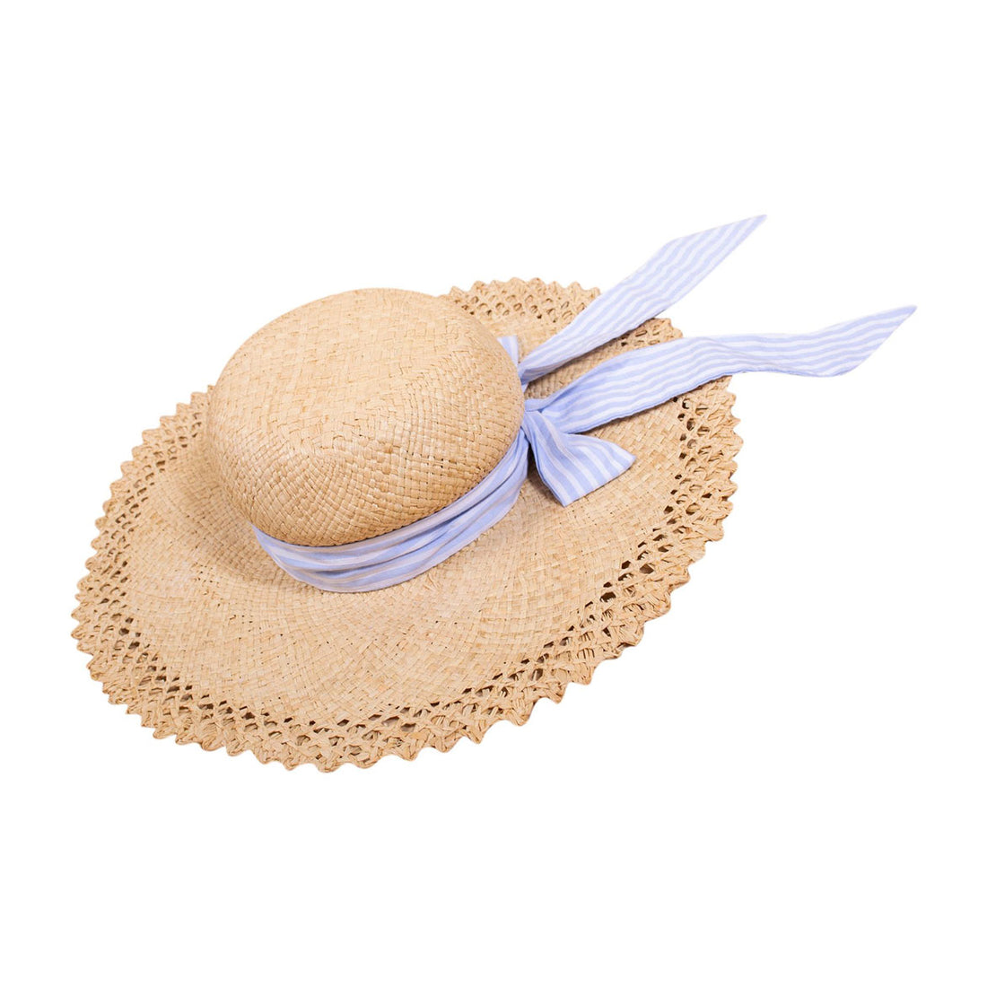Kidiwi Blue/White Seersucker Stripes Bow Raffia Hat