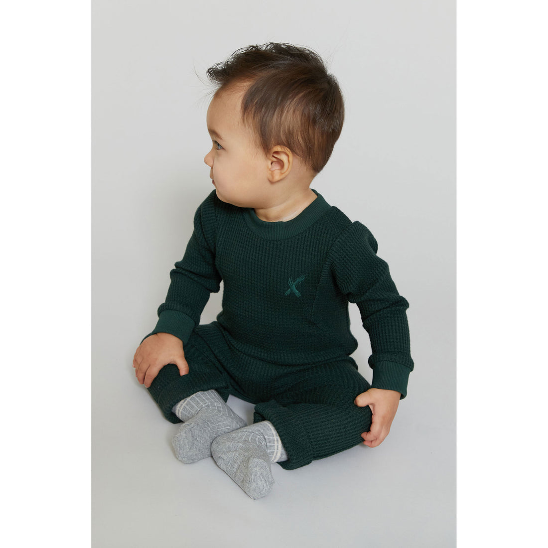 Hey Kid Green Waffle Knit Onesie