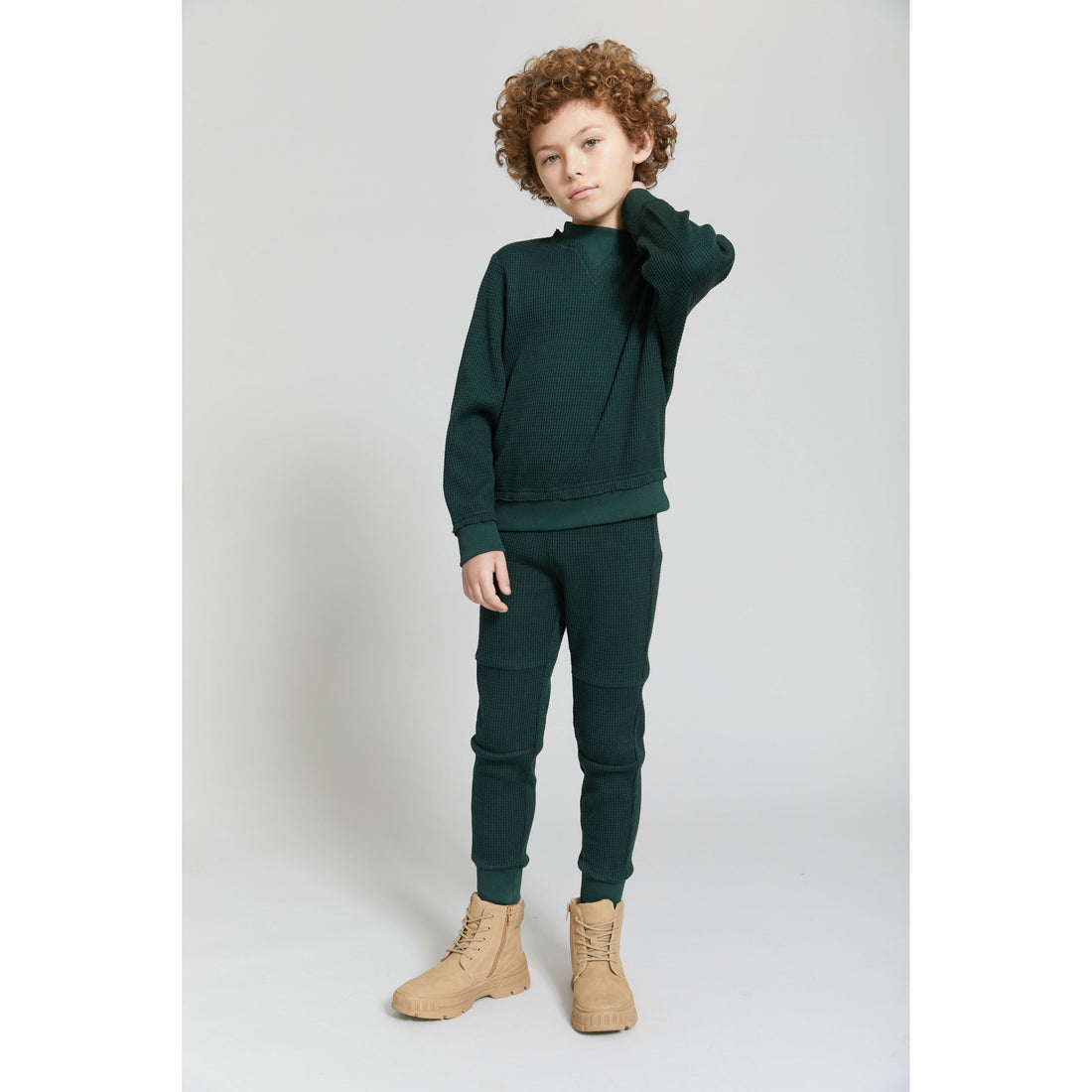 Hey Kid Green Waffle Knit Paneled Pants