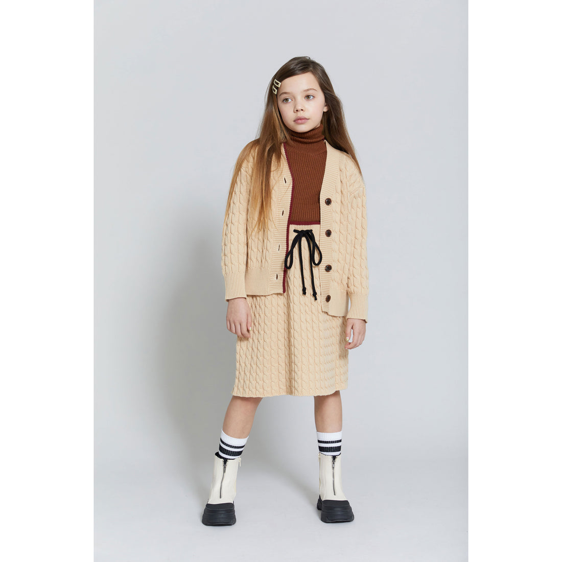 Hey Kid Beige Knit Skirt with Red Trim Detail