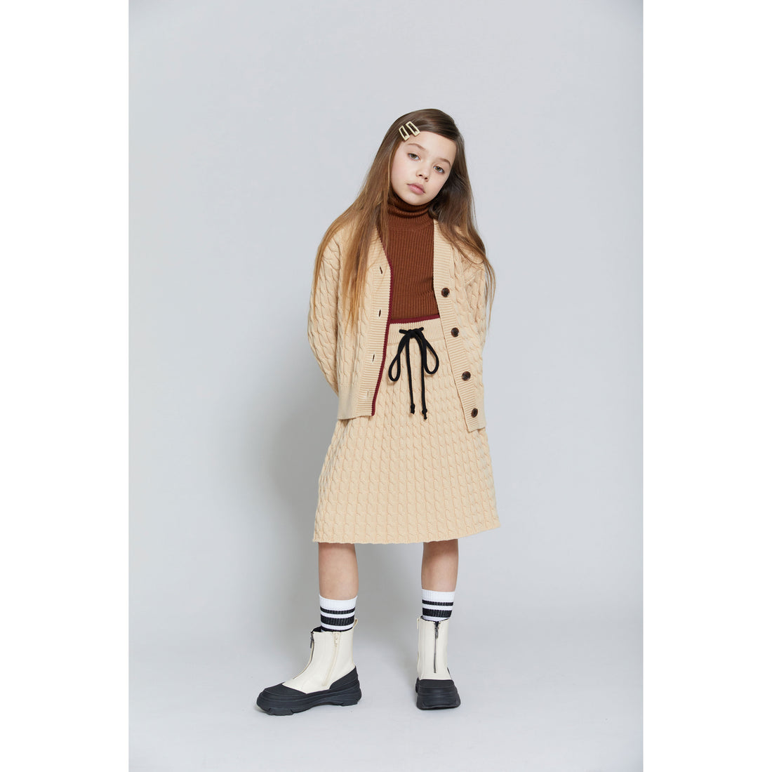 Hey Kid Beige Knit Skirt with Red Trim Detail