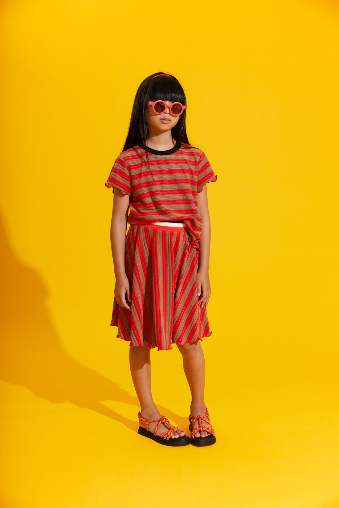 Hey Kid Red/Brown Striped Ruffled Edges Terry Skirt