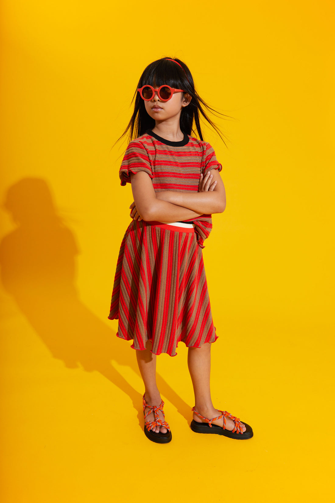 Hey Kid Red/Brown Striped Ruffled Edges Terry Skirt