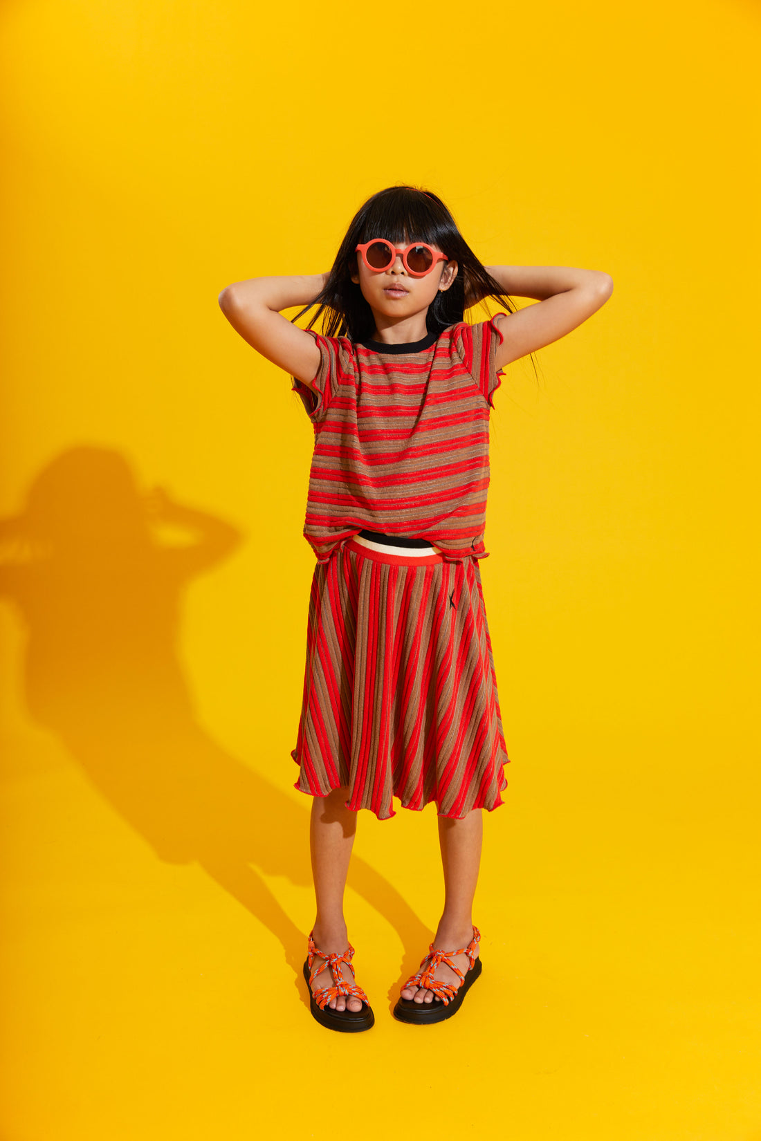 Hey Kid Red/Brown Striped Ruffled Edges Terry Skirt