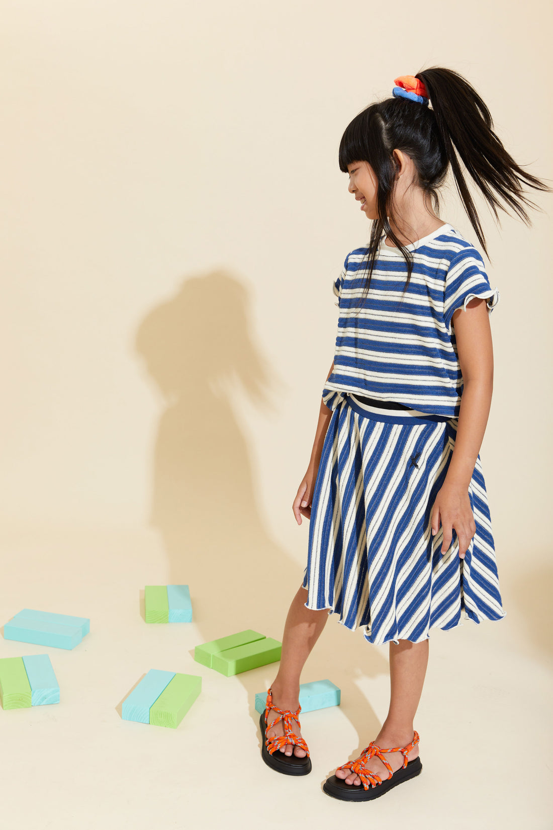 Hey Kid Blue/Ivory Striped Ruffled Edges Terry Skirt