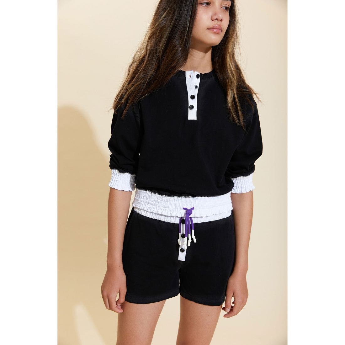 Hey Kid Black Washed Henley with Elastic Cuffs