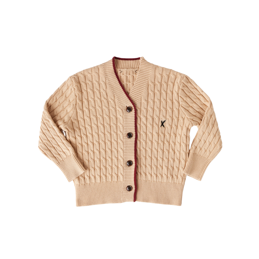 Hey Kid Beige Knit Cardigan with Red Trim Detail