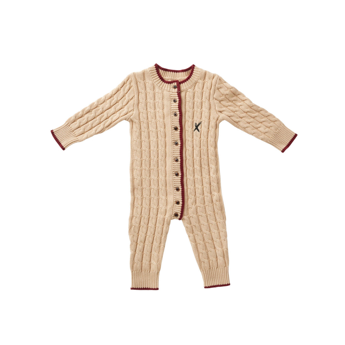 Hey Kid Beige Knit Onesie with Red Trim Detail