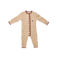 Hey Kid Beige Knit Onesie with Red Trim Detail