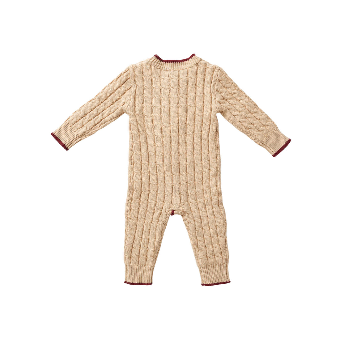Hey Kid Beige Knit Onesie with Red Trim Detail