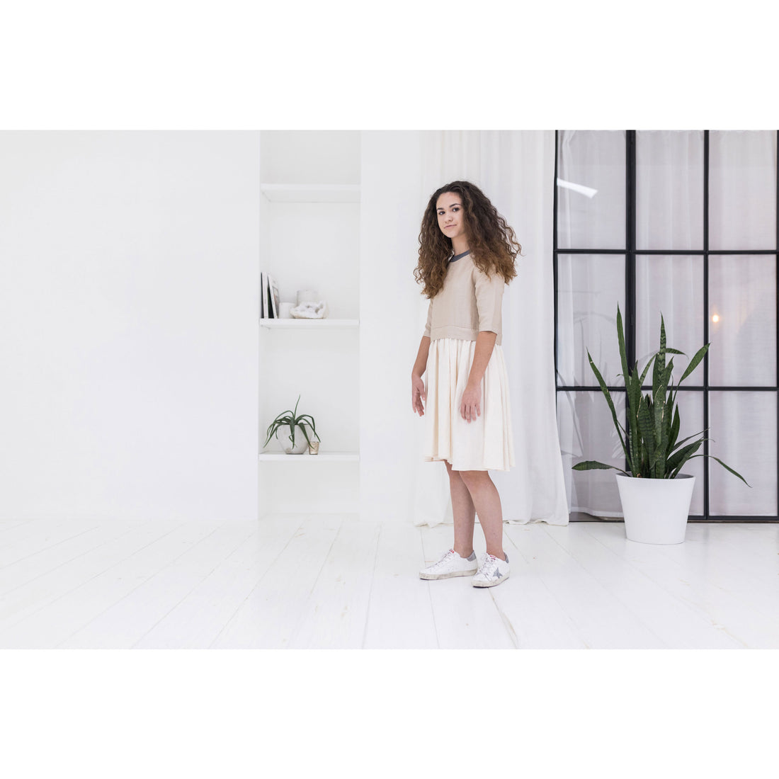 Ava and Lu Beige Lurex Dropwaist Dress