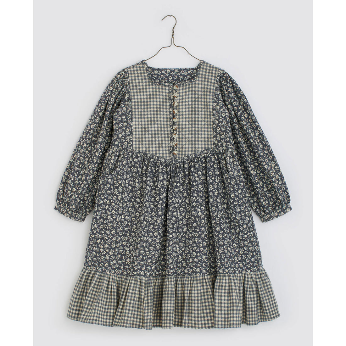 Little Cotton Clothes Cove Blue Floral/Flannel Check Forget Me Not Heather Dress