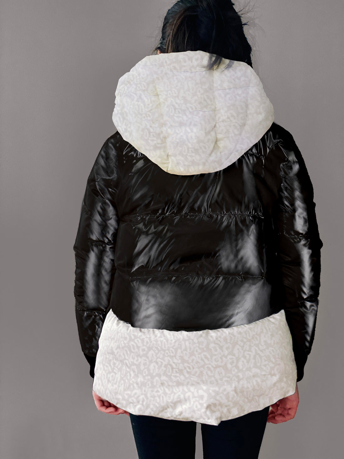 Vierra Rose Shiny Black & Snow Leopard Print Charlyne Duvet Jacket
