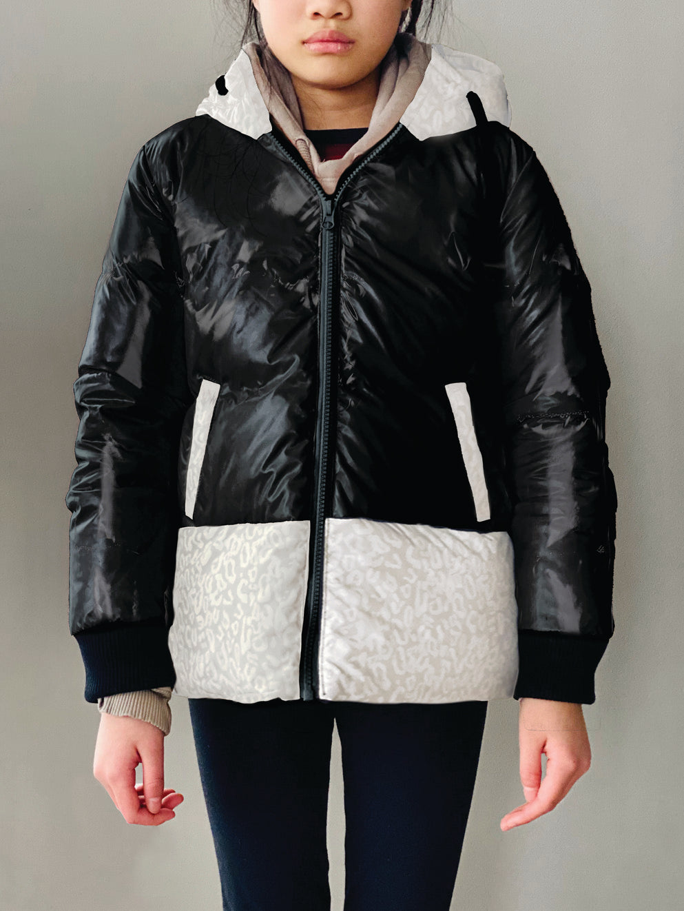 Vierra Rose Shiny Black & Snow Leopard Print Charlyne Duvet Jacket