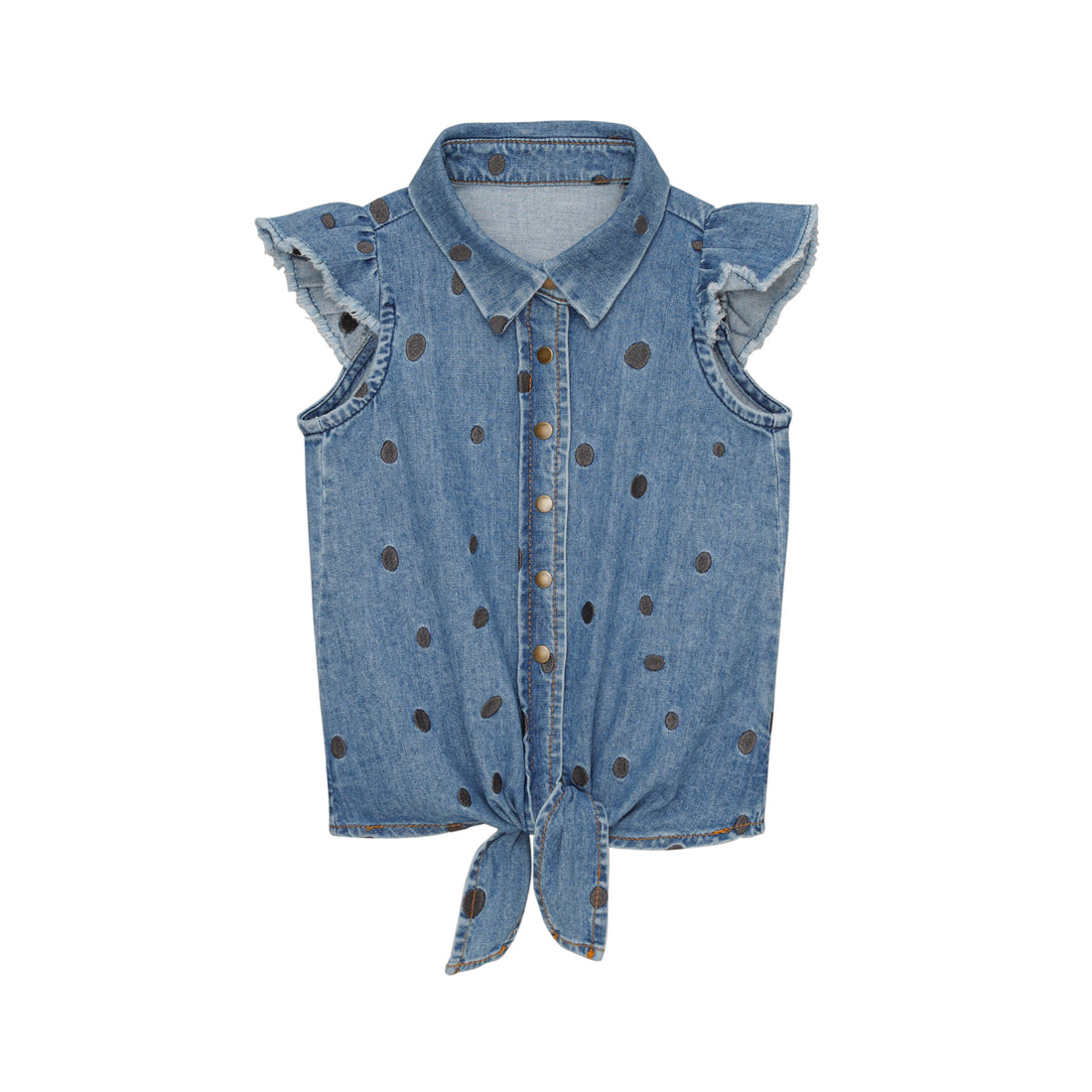 Little Hedonist Light Blue Denim With Embroided Dots Sleeveless Shirt