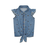 Little Hedonist Light Blue Denim With Embroided Dots Sleeveless Shirt