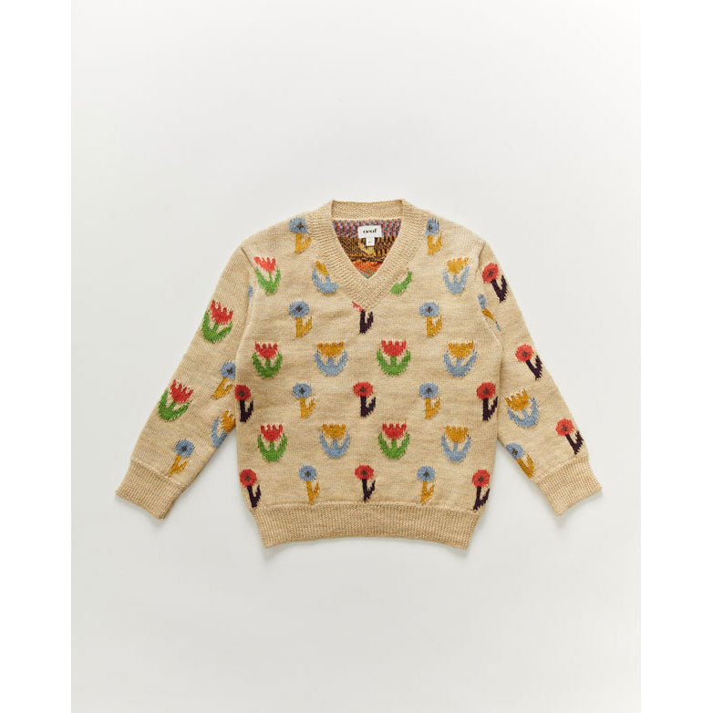 Oeuf V Neck Sweater-Flower Motif/Bright Beige