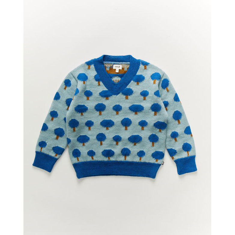 Oeuf V Neck Sweater-Tree Motif/Royal Blue