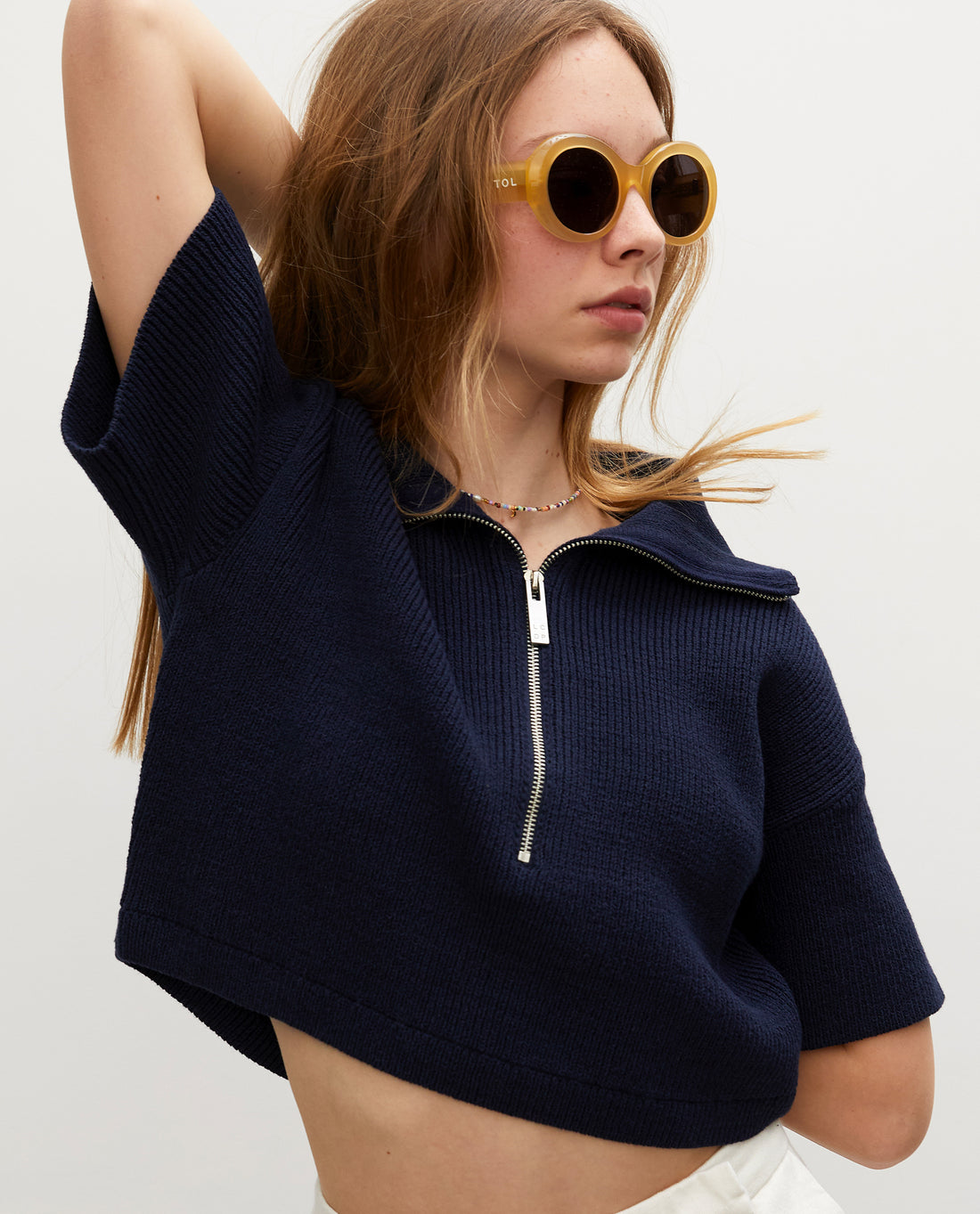 Les Coyotes De Paris Navy Knit Zip Short Sleeve Sweater