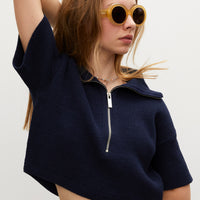 Les Coyotes De Paris Navy Knit Zip Short Sleeve Sweater