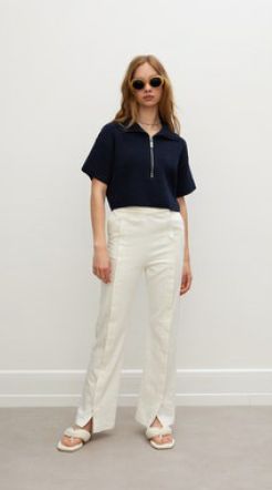 Les Coyotes De Paris Navy Knit Zip Short Sleeve Sweater