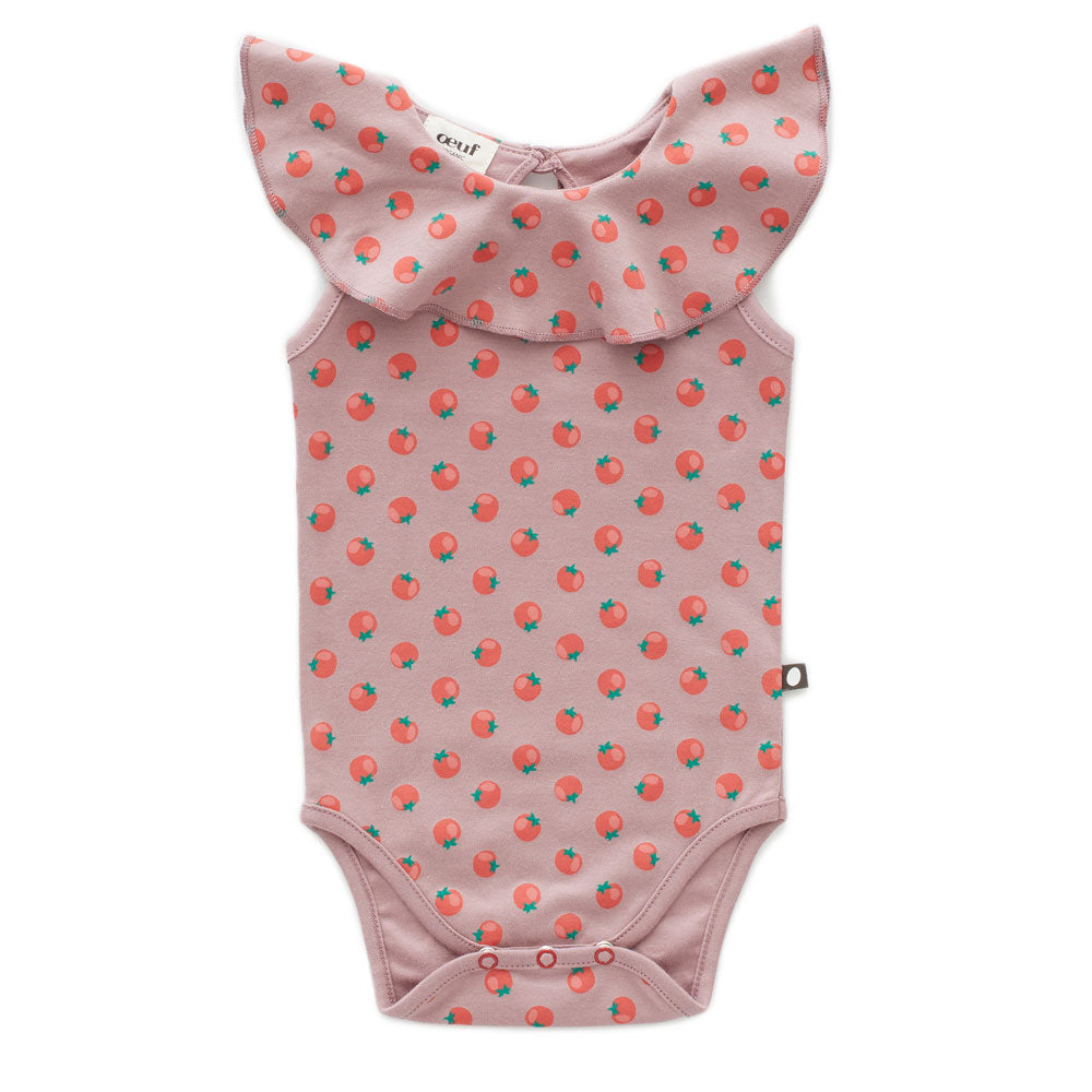 Oeuf Tomato Print Sleeveless Ruffle Bodysuit