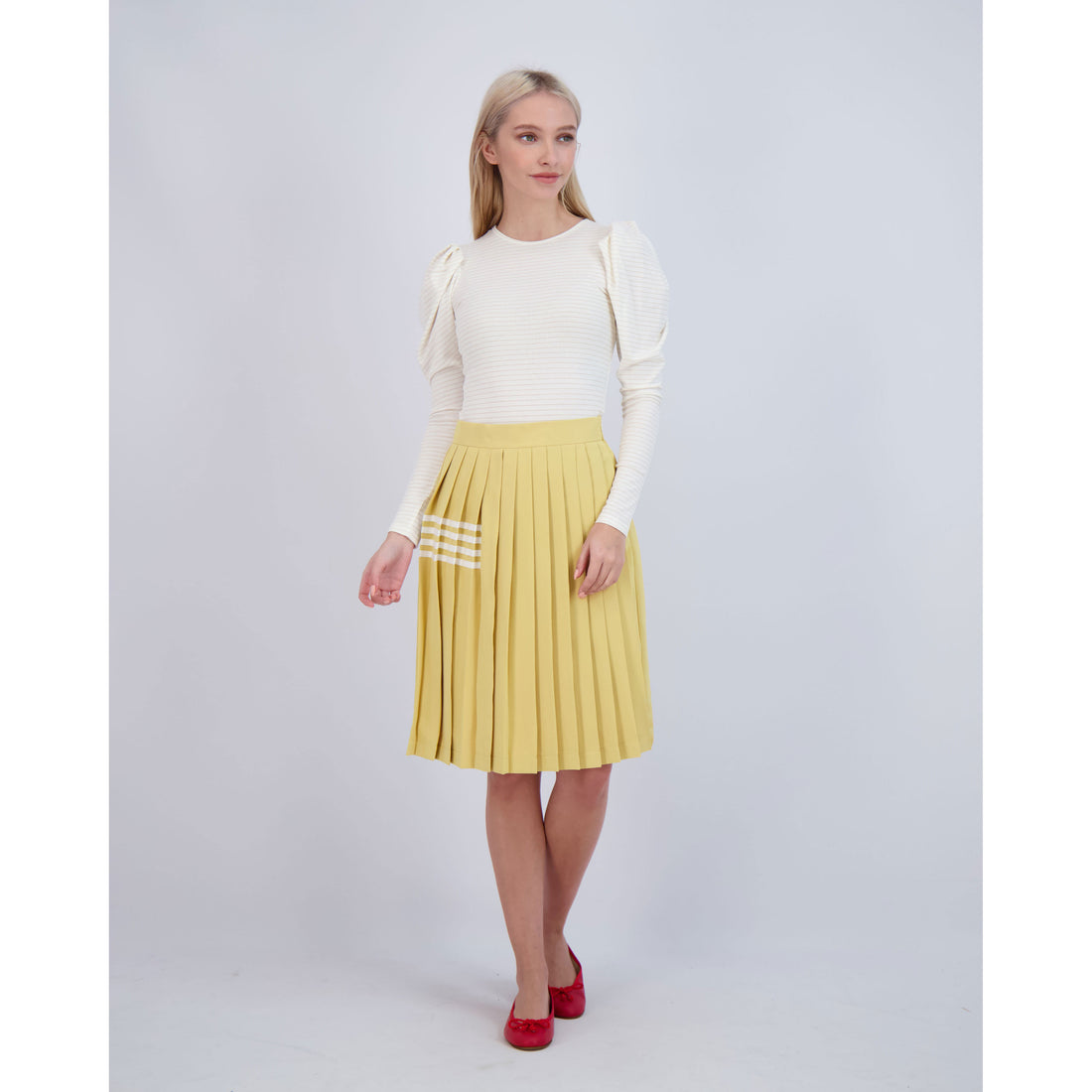 Ava and Lu Mustard Pleated Stripe Detail Skirt