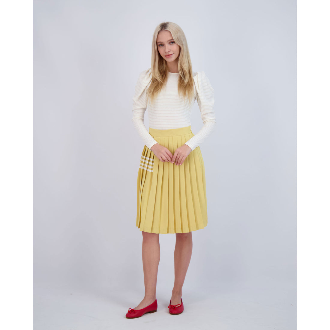 Ava and Lu Mustard Pleated Stripe Detail Skirt