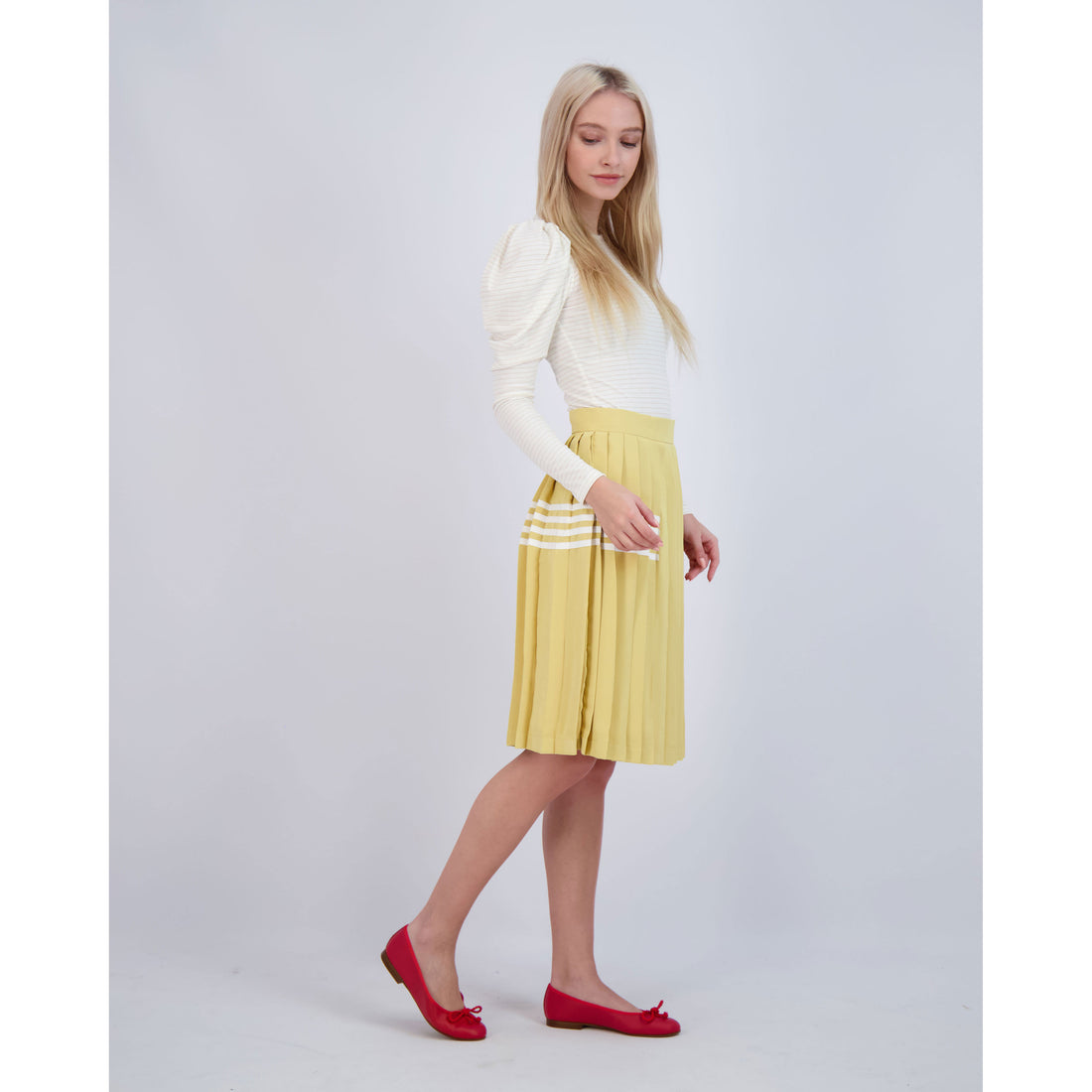Ava and Lu Mustard Pleated Stripe Detail Skirt