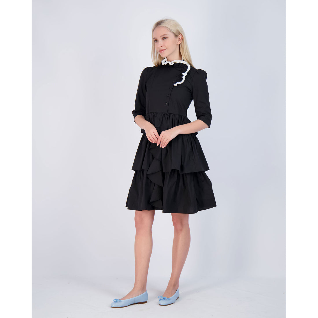 Ava and Lu Black High Collar Layered Dress