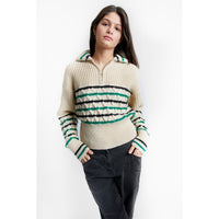 INDEE Off White Zipped Collar Striped Knit Sweater