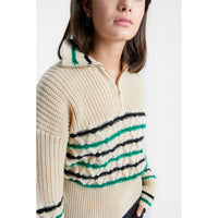 INDEE Off White Zipped Collar Striped Knit Sweater