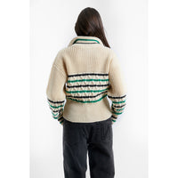 INDEE Off White Zipped Collar Striped Knit Sweater