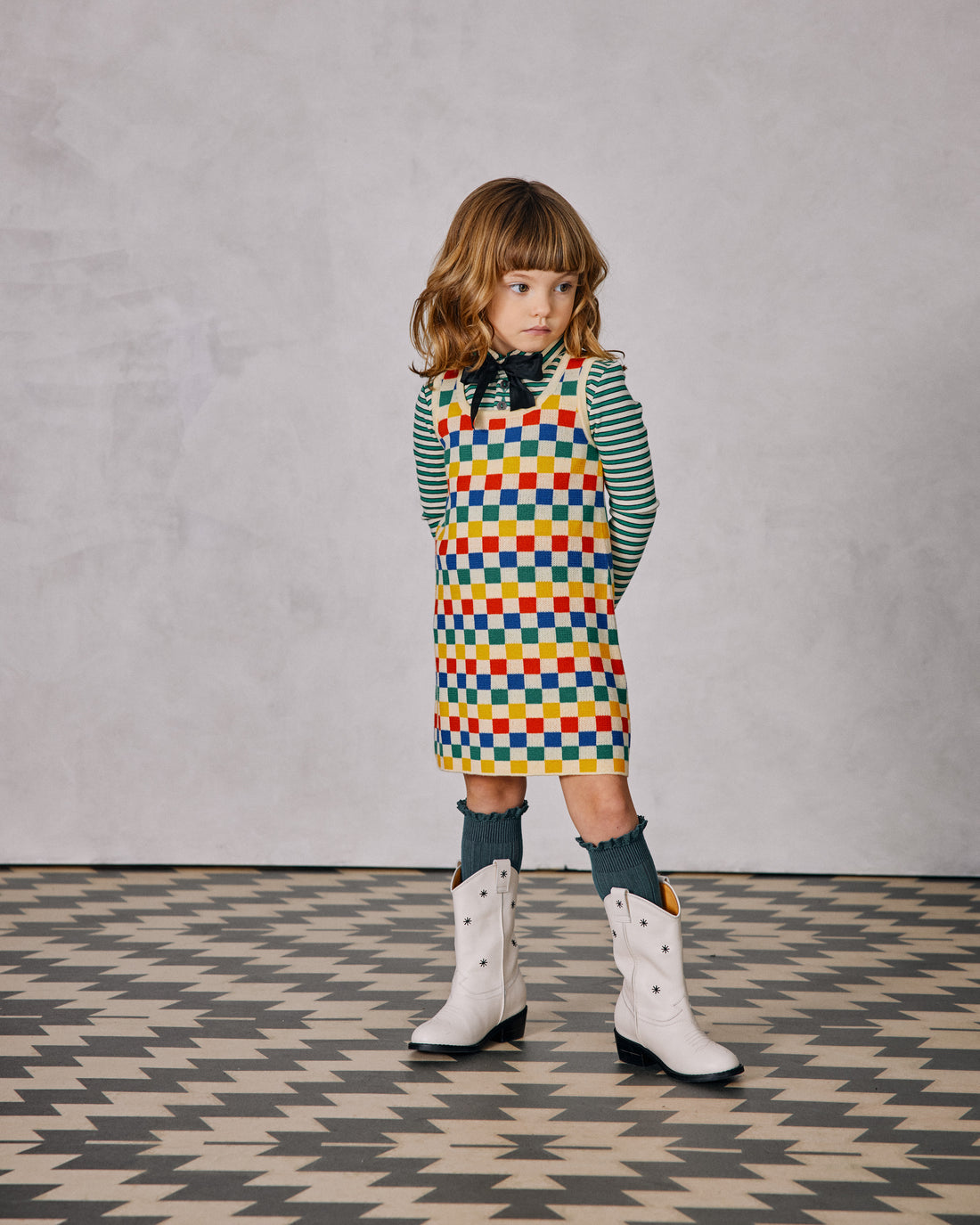 Misha and Puff Checkerboard Dress  - Straw