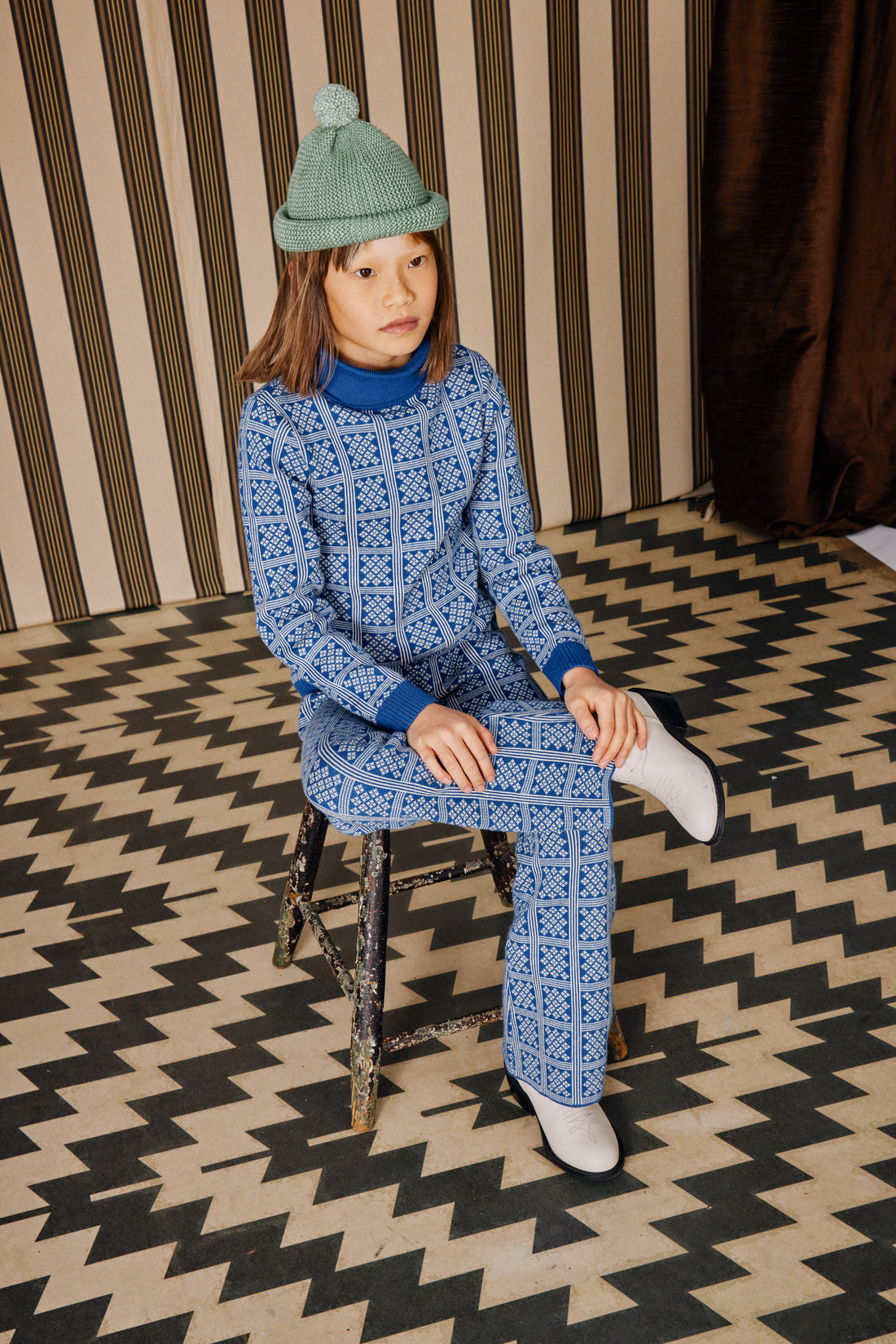 Misha and Puff Izzy Turtleneck  - Blueberry Vintage Grid