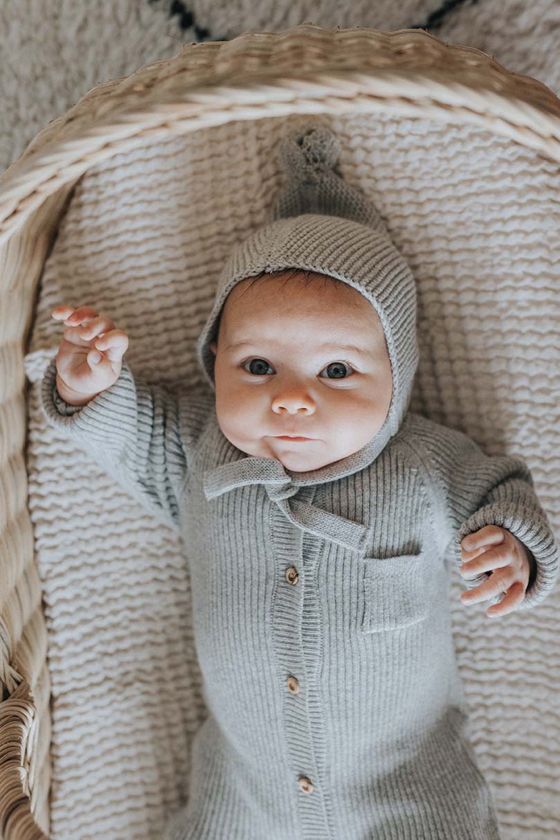 Buho Grey NB Knit Pom Pom Bonnet