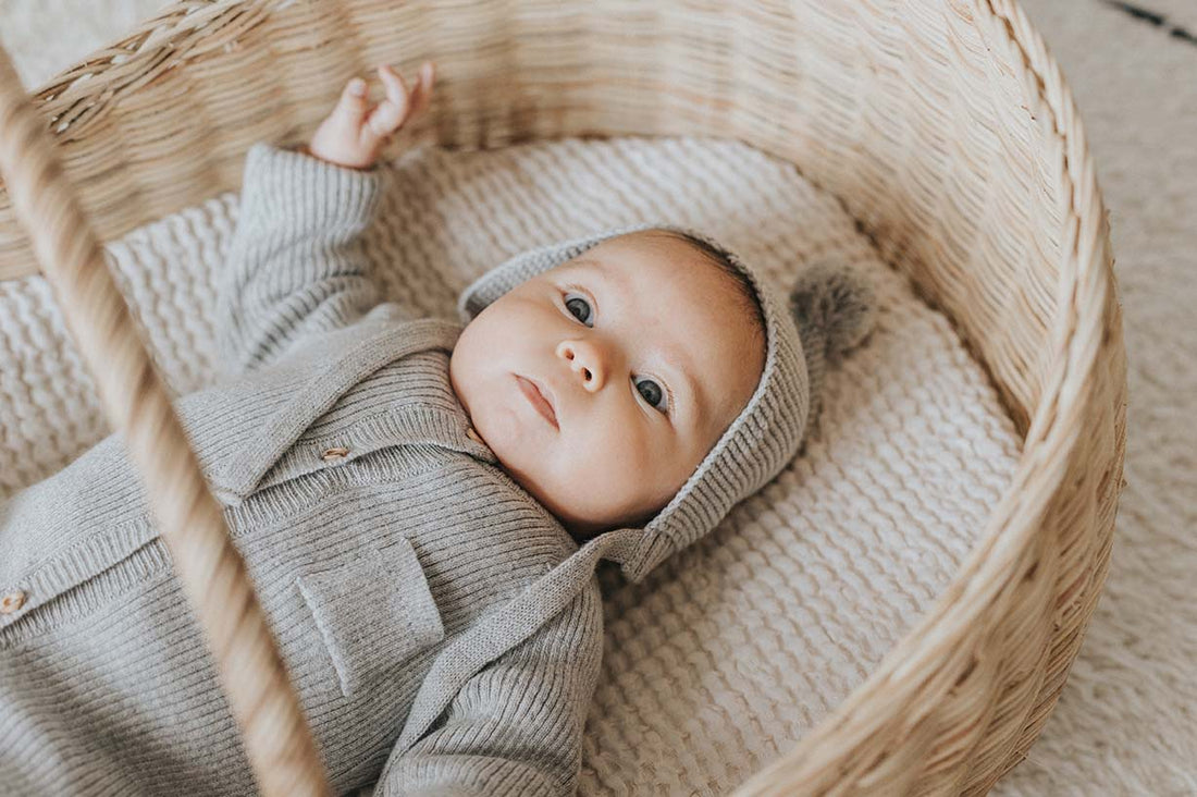 Buho Grey NB Knit Pom Pom Bonnet