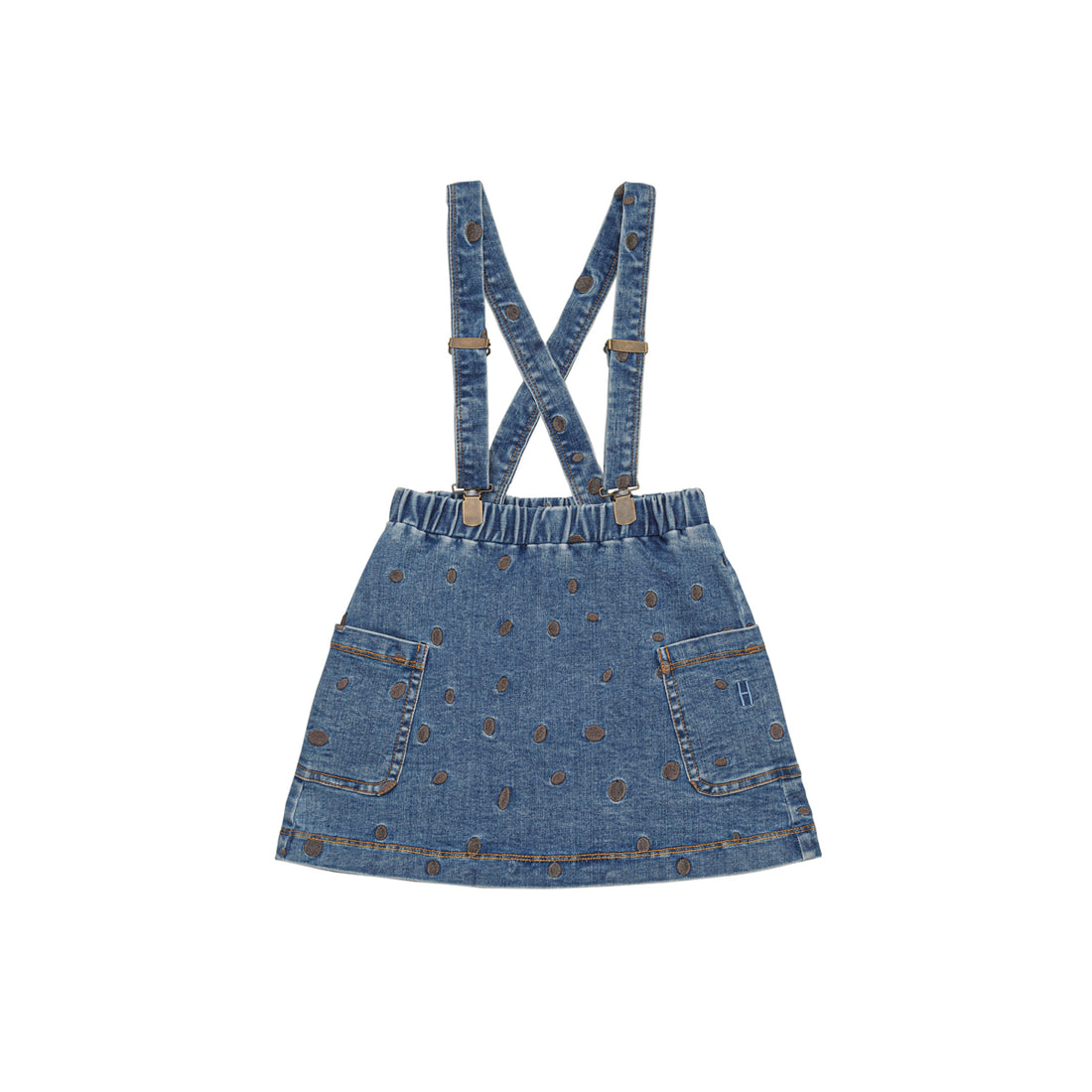 Little Hedonist Light Blue Denim With Embroided Dots Shoulder Strap Skirt