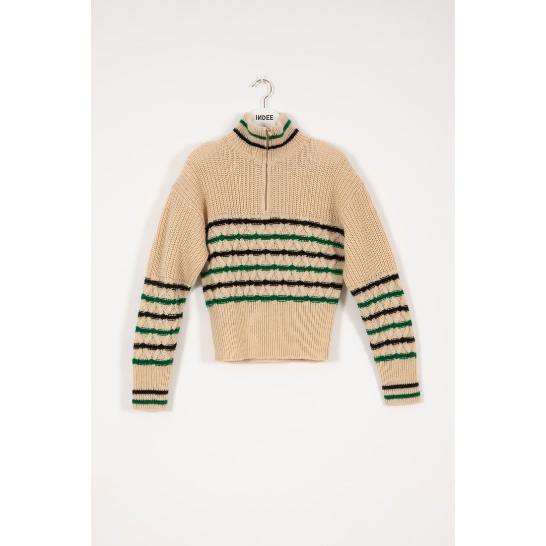 INDEE Off White Zipped Collar Striped Knit Sweater